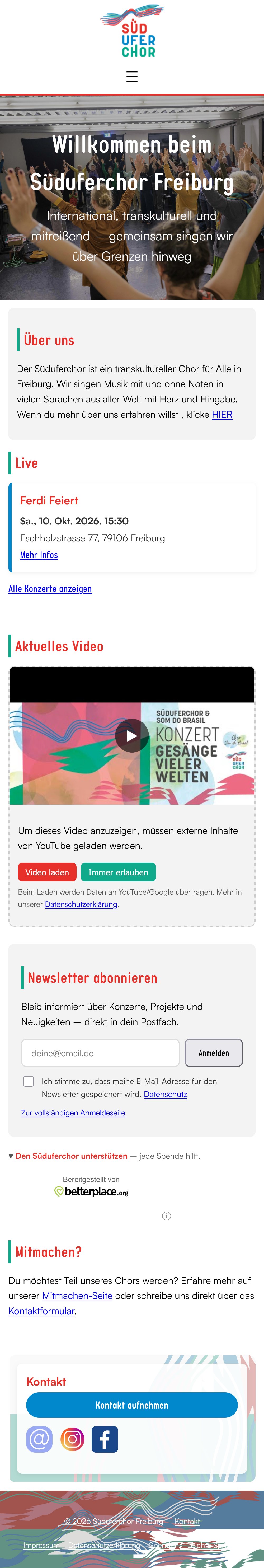 Vollständige Startseite auf dem Smartphone, einspaltig von oben bis unten