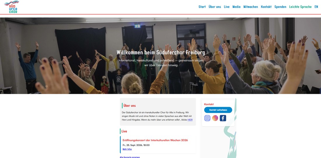Startseite des Süduferchors mit Begrüßung, Terminen und Kontaktbereich